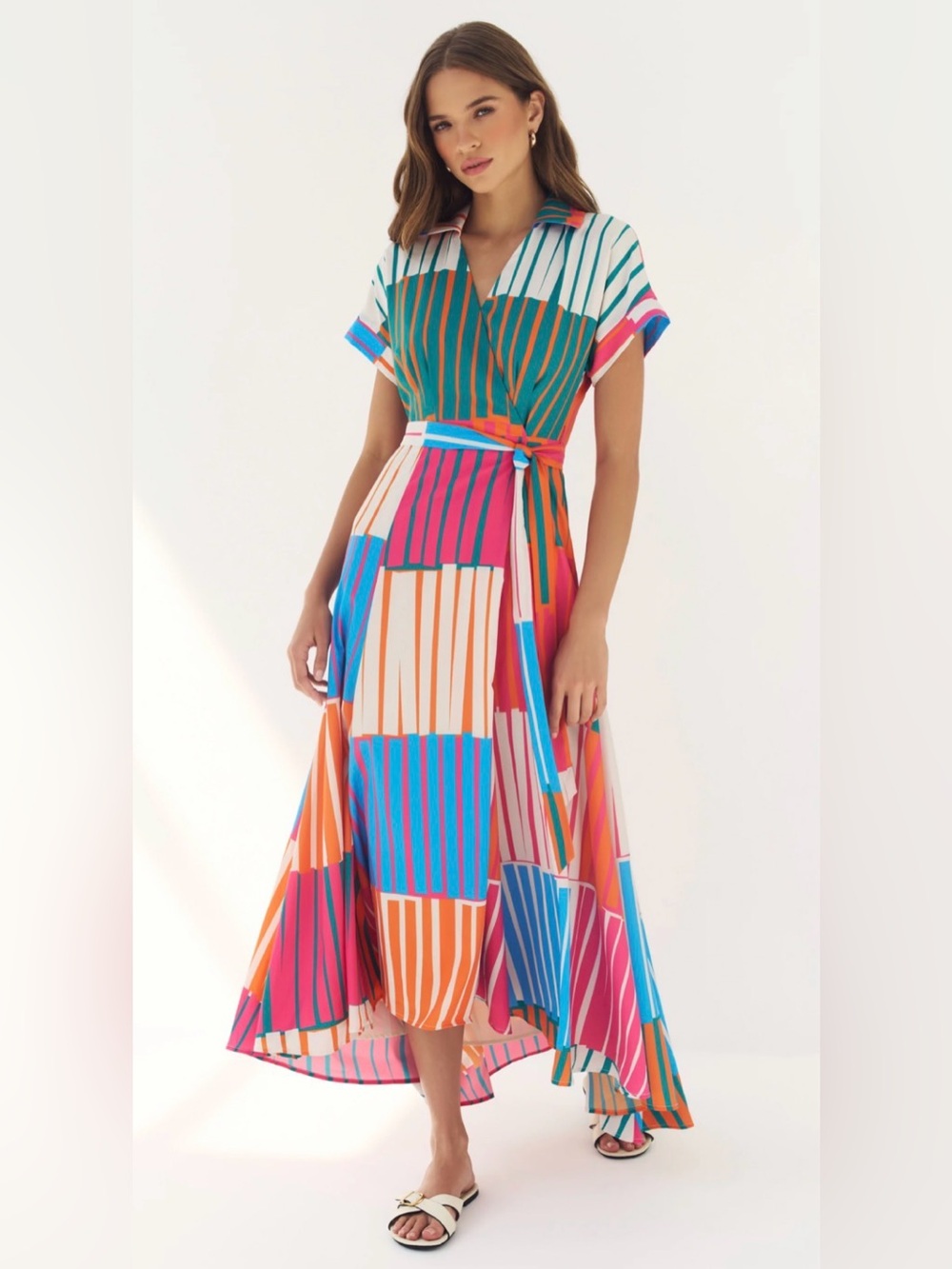 Hutch Johnnie Multicolor Striped Wrap Maxi Dress in Blue, Pink, Orange NWT Sz L